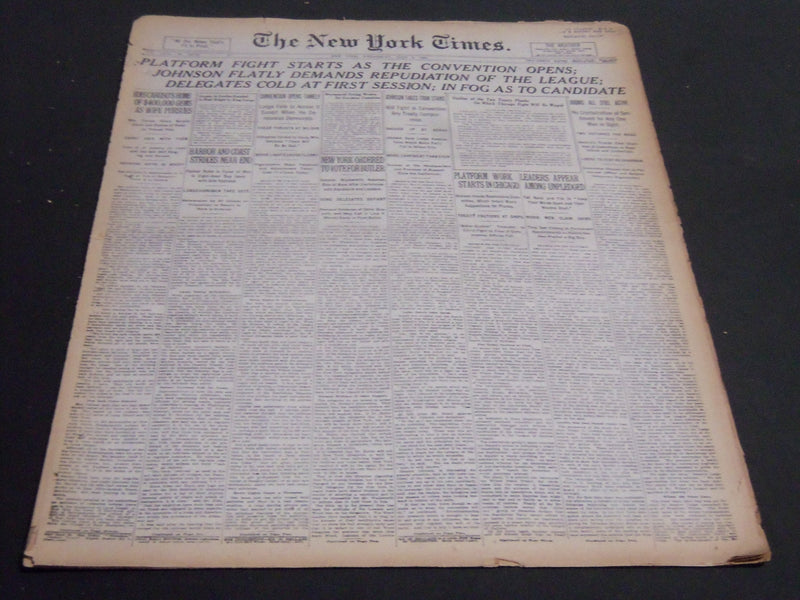 1920 JUNE 9 NEW YORK TIMES - PLATFORM FIGHT STARTS AS CONVENTION OPENS - NT 6947