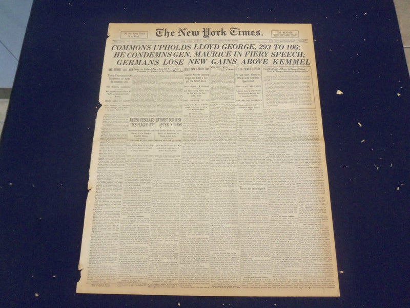 1918 MAY 10 NEW YORK TIMES - COMMONS UPHOLDS LLOYD GEORGE 293 TO 106 - NT 8177