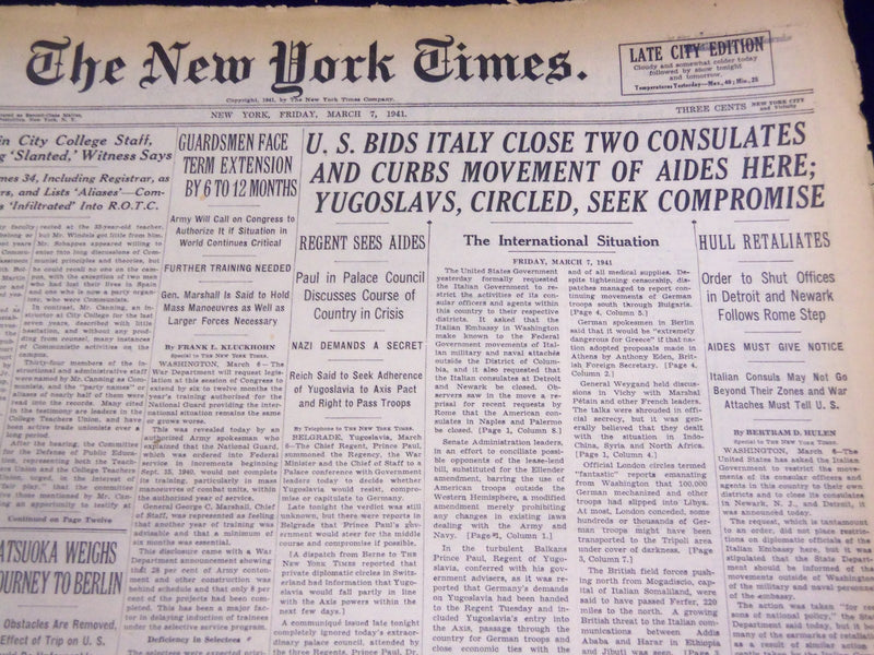 1941 MARCH 7 NEW YORK TIMES - U. S. BIDS ITALY CLOSE TWO CONSULATES - NT 1092