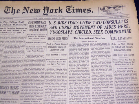 1941 MARCH 7 NEW YORK TIMES - U. S. BIDS ITALY CLOSE TWO CONSULATES - NT 1092