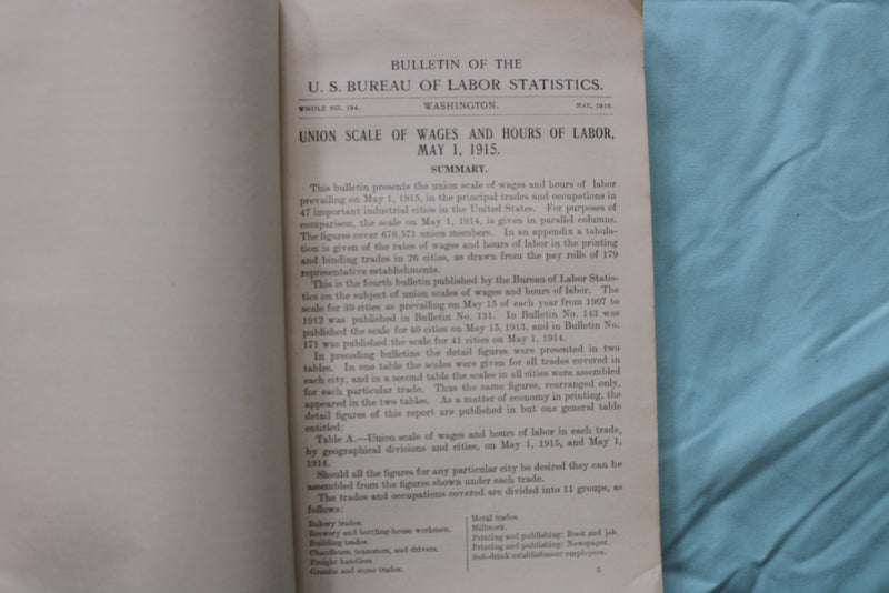 1916 UNION SCALE OF WAGES AND HOUR OF LABOR 1915 - SOFTCOVER BOOK - K 3261