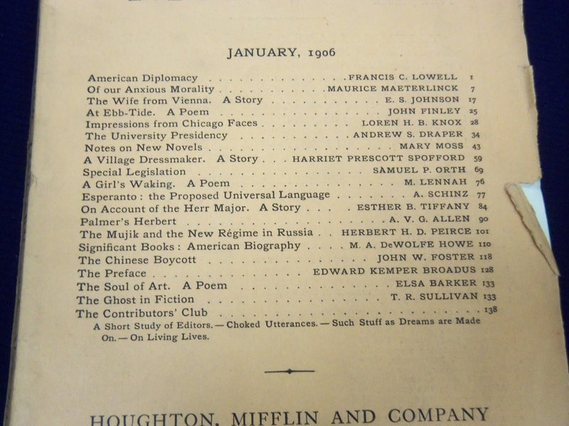1906 THE ATLANTIC MONTHLY MAGAZINE LOT OF 10 - NICE STORIES & ARTICLES - WR 334