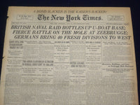 1918 APRIL 24 NEW YORK TIMES -BRITISH NAVAL RAID BOTTLES UP U-BOAT BASE- NT 8218