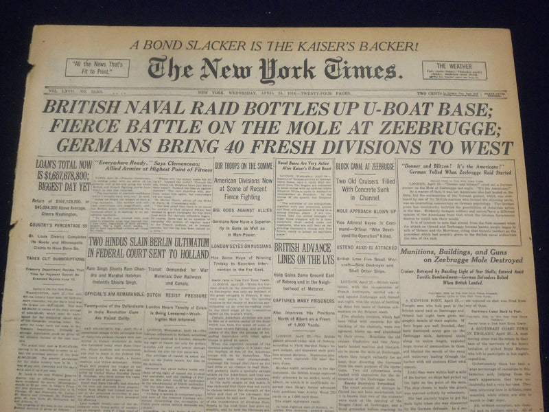 1918 APRIL 24 NEW YORK TIMES -BRITISH NAVAL RAID BOTTLES UP U-BOAT BASE- NT 8218