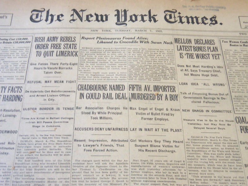 1922 MARCH 7 NEW YORK TIMES - REPORT PLESIOSAURUS FOUND ALIVE - NT 5762