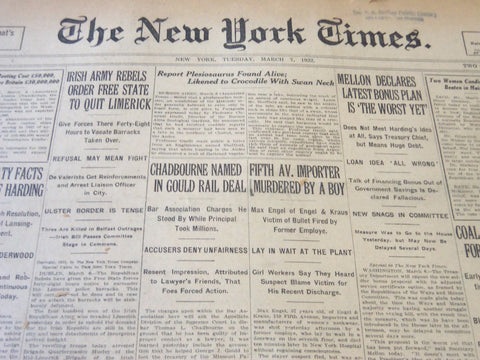 1922 MARCH 7 NEW YORK TIMES - REPORT PLESIOSAURUS FOUND ALIVE - NT 5762