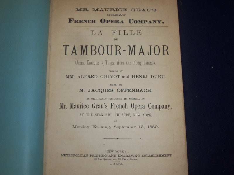 1880 MAURICE GRAU'S FRENCH OPERA CO. PROGRAM LA FILLE DU TAMBOUR MAJOR - J 1886