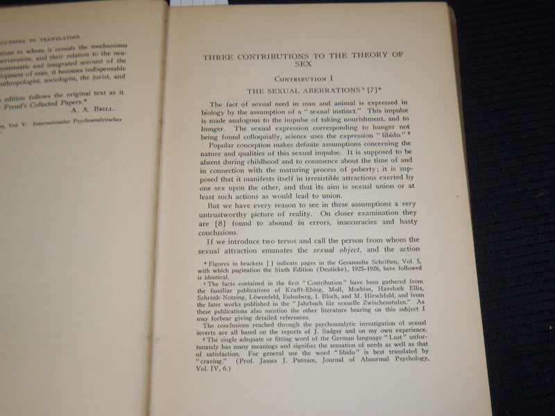 1930 THREE CONTRIBUTIONS TO THE THEORY OF SEX BOOK BY SIGMUND FREUD - KD 4505F