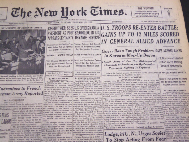1950 OCTOBER 29 NEW YORK TIMES - U. S. TROOPS RE-ENTER BATTLE - NT 4562