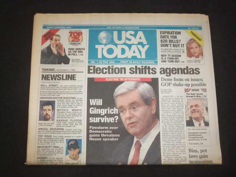 1998 NOVEMBER 5 USA TODAY NEWSPAPER - ELECTION SHIFTS AGENDAS-GINGRICH - NP 7964