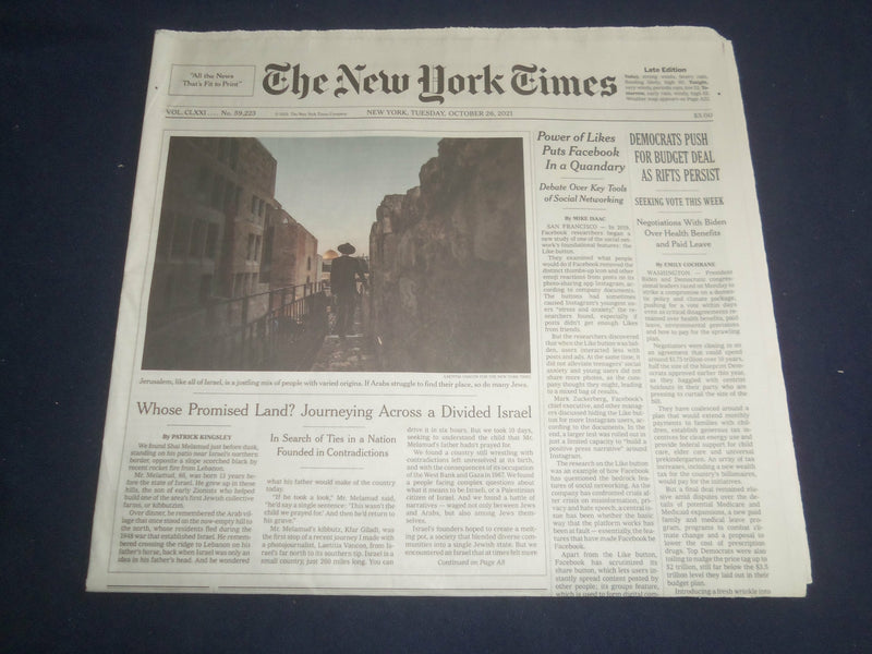 2021 OCTOBER 26 NEW YORK TIMES - DEMOCRATS PUSH FOR BUDGET DEAL AS RIFTS PERSIST