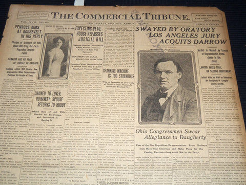 1912 AUGUST 18 COMMERCIAL TRIBUNE NEWSPAPER - DARROW ACQUITTED - NT 9425