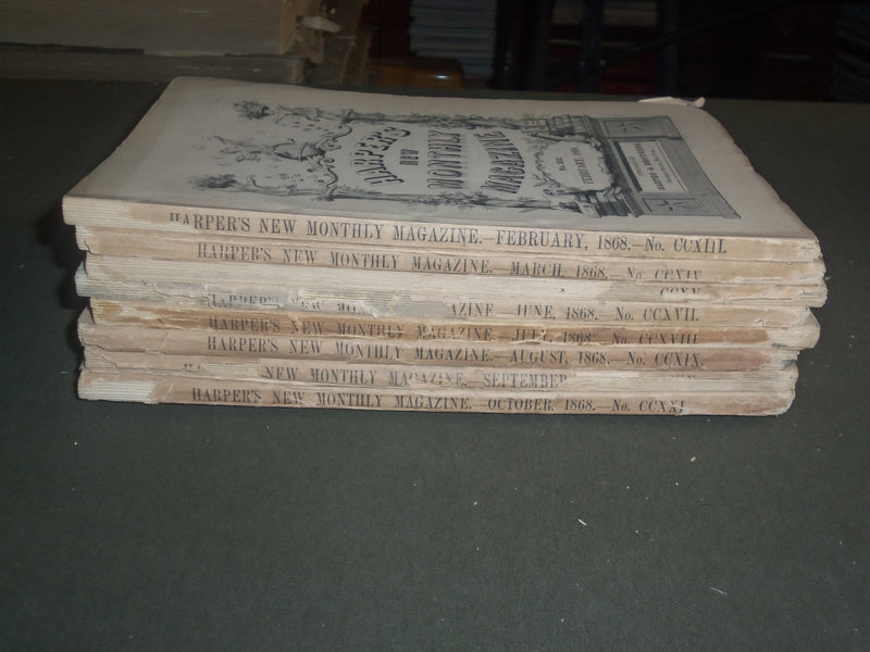 1868 HARPER'S MONTHLY MAGAZINE - LOT OF 8 - NICE STORIES & ADS - WR 647E