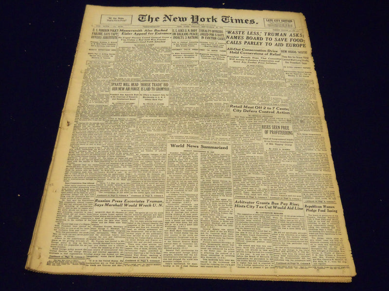 1947 SEPTEMBER 26 NEW YORK TIMES - WASTE LESS TRUMAN ASKS - NT 114