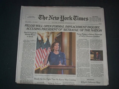 2019 SEPTEMBER 25 NEW YORK TIMES - PELOSI WILL OPEN FORMAL IMPEACHMENT INQUIRY