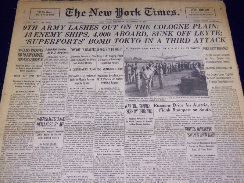 1944 NOVEMBER 30 NEW YORK TIMES - 9TH ARMY HITS COLOGNE PLAIN - NT 2816