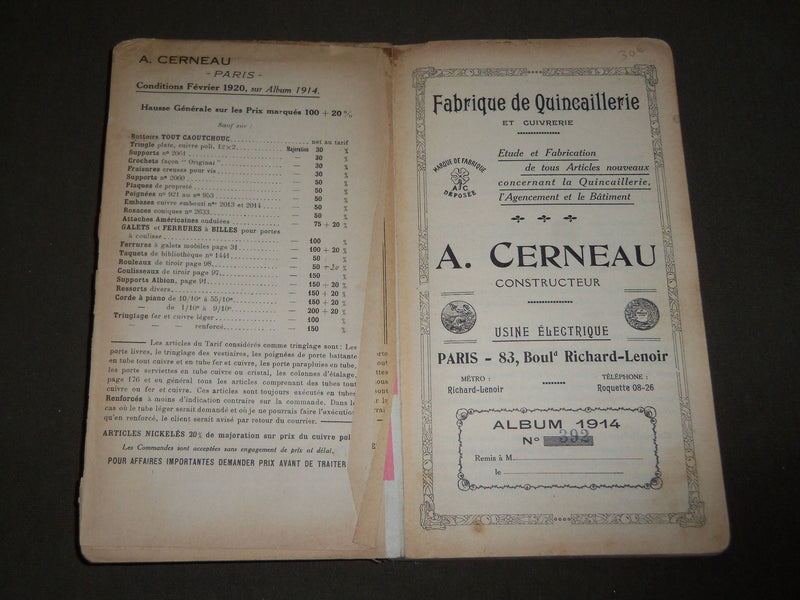 1914 A. CERNEAU FABRIQUE DE CUIVRERIE ET QUINCAILLERIE FRENCH CATALOGUE - FR 725
