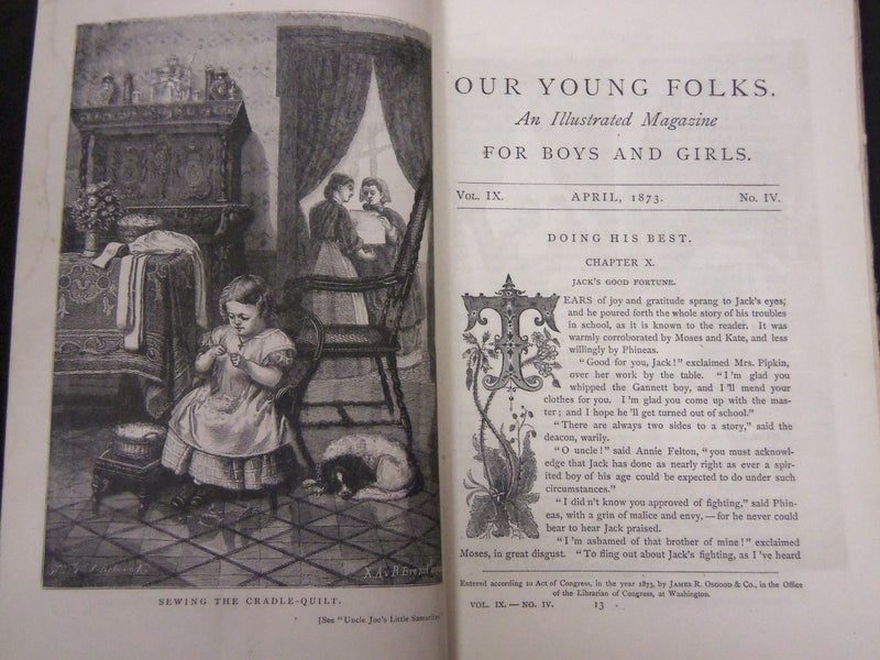1873 OUR YOUNG FOLKS ILLUSTRATED MAGAZINE LOT OF 12 - GREAT STORIES - WR 105P
