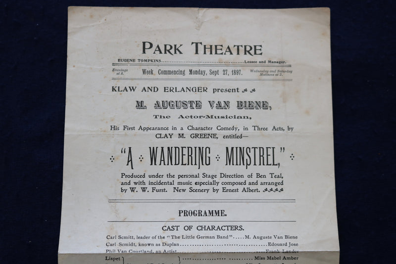 1897 SEPTEMBER 27 PARK THEATRE PROGRAM - A WANDERING MINSTREL - K 1665
