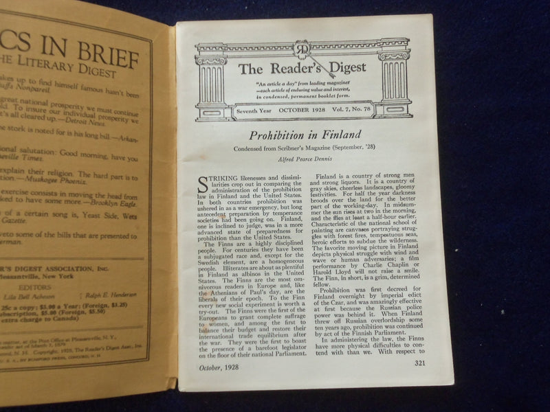 1928 OCTOBER THE READER'S DIGEST SOFTCOVER BOOK - NUMBER 78 - J 8439