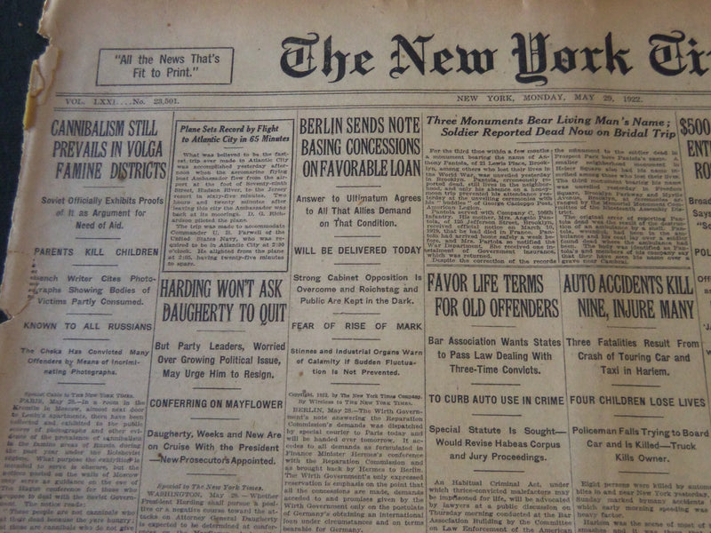 1922 MAY 29 NEW YORK TIMES - CANNIBALISM STILL PREVAILS IN VOLGA - NT 5804