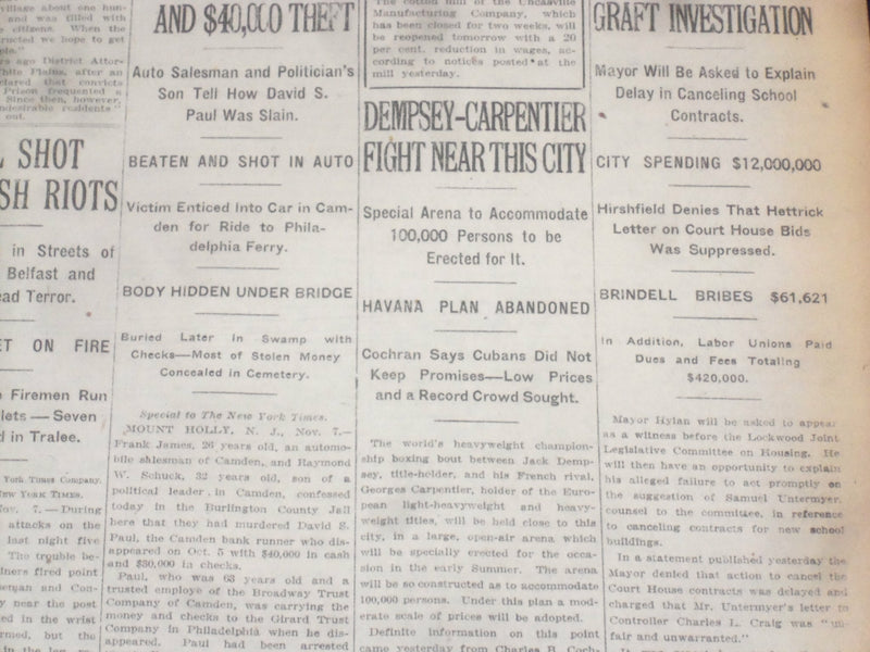 1920 NOVEMBER 8 NEW YORK TIMES- DEMPSEY-CARPENTIER FIGHT NEAR THIS CITY- NT 8448