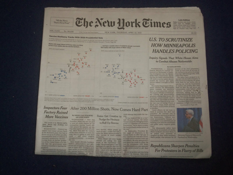 2021 APRIL 22 NEW YORK TIMES-U.S. TO SCRUTINIZE HOW MINNEAPOLIS HANDLES POLICING