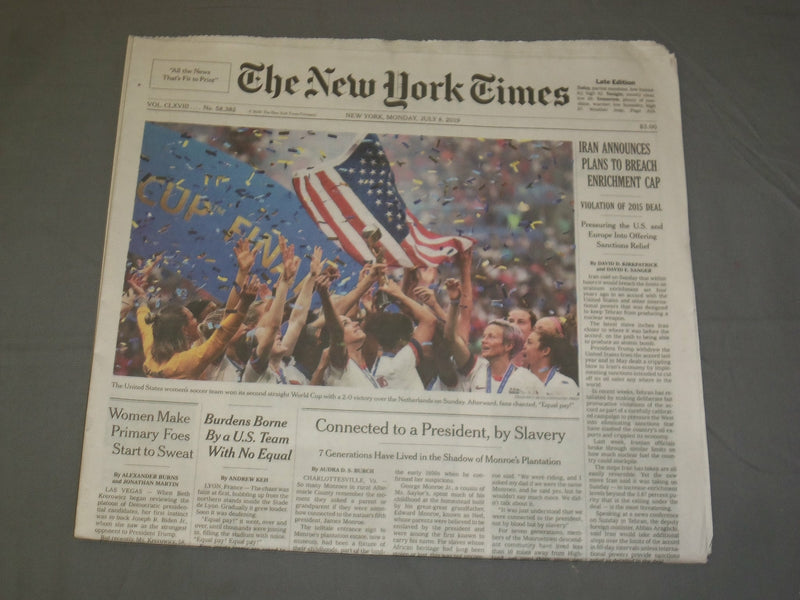 2019 JULY 8 NEW YORK TIMES - U.S WOMEN'S SOCCER TEAM WINS WORLD CUP