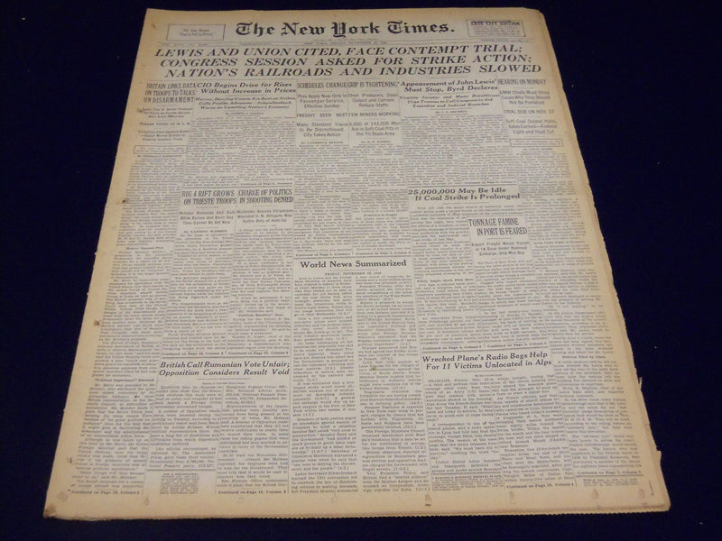 1946 NOV 22 NEW YORK TIMES - LEWIS AND UNION CITED, FACE CONTEMPT TRIAL - NT 849