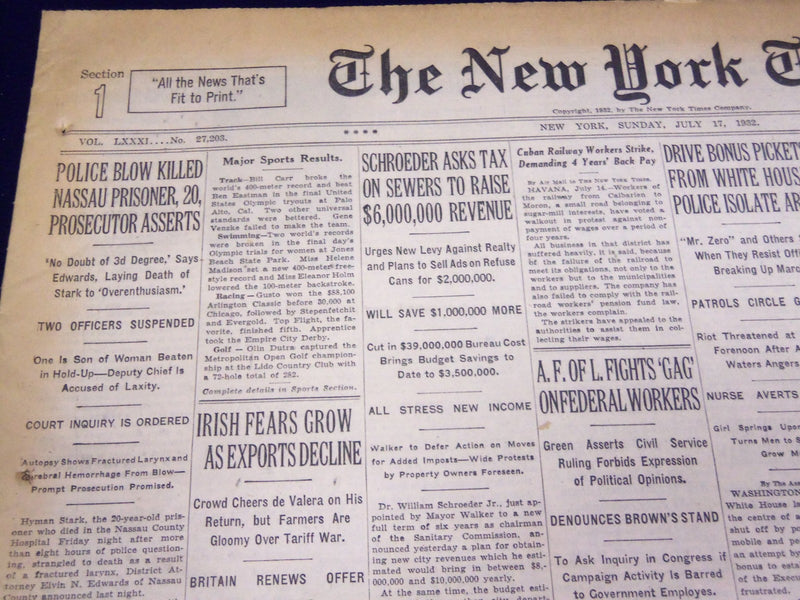 1932 JULY 17 NEW YORK TIMES - NASSAU PRISONER KILLED BY POLICE - NT 4003