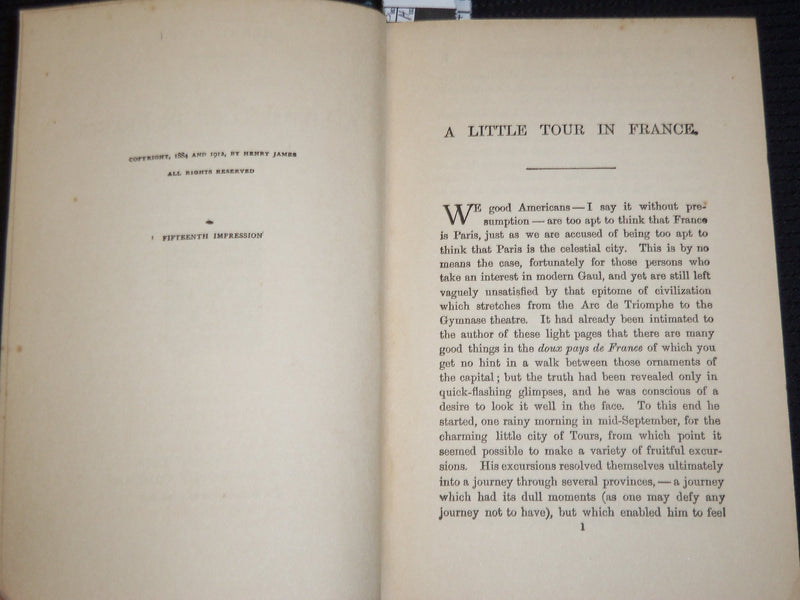 1912 A LITTLE TOUR IN FRANCE HARDCOVER BOOK BY HENRY JAMES - KD 9405