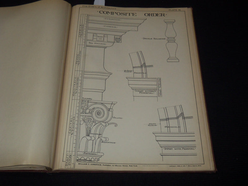 1908 DRAWINGS OF FIVE ORDERS OF ARCHIECTURE VOLUME BY JAMES TURNER BALL - Z 235