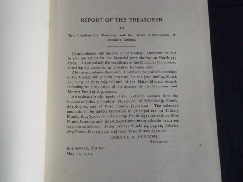 1914 BOWDOIN COLLEGE TREASURER AND FINANCE COMMITTEE - BRUNSWICK MAINE - J 4506