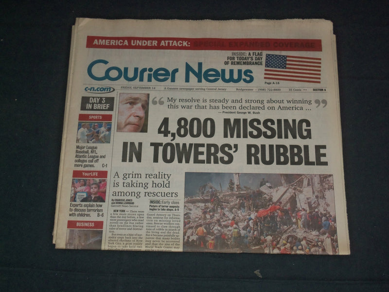 2001 SEPTEMBER 14 COURIER NEWS NEWSPAPER-4,800 MISSING IN TOWERS' RUBBLE-NP 3501