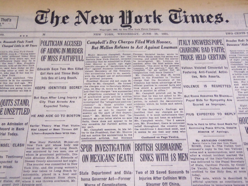 1931 JUNE 10 NEW YORK TIMES - POLITICIAN ACCUSED IN MURDER OF FAITHFULL- NT 2161