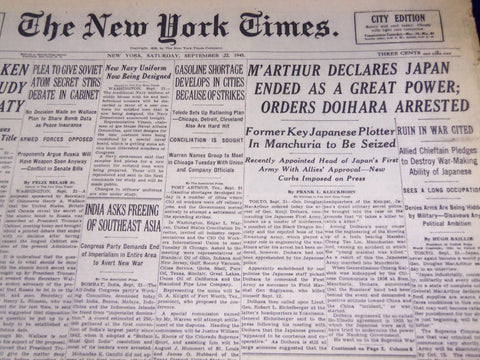 1945 SEPT 22 NEW YORK TIMES - M'ARTHUR DECLARES JAPAN ENDED GREAT POWER - NT 642