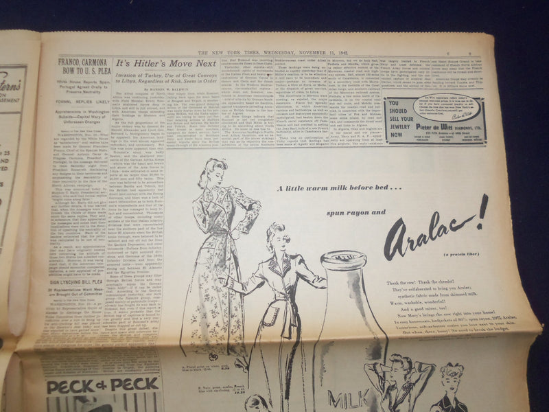 1942 NOV 11 NEW YORK TIMES - ORAN TAKEN, OUR TROOPS SPEED TOWARD LIBYA - NP 6516