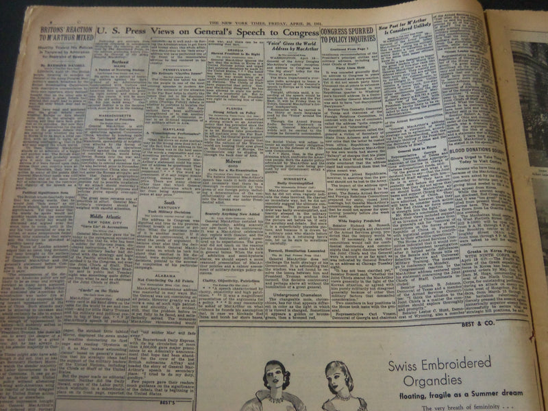 1951 APRIL 20 NEW YORK TIMES - M'ARTHUR CALLS ASIA POLICY 'BLIND