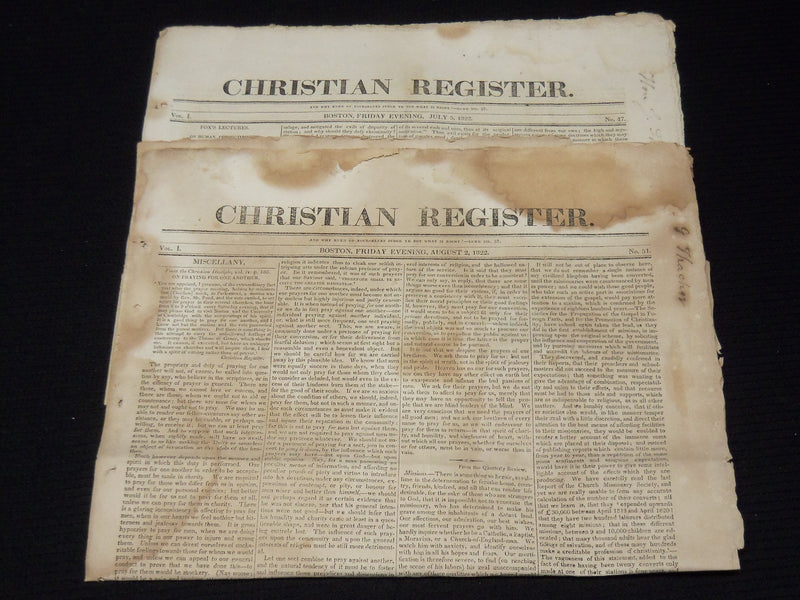 1822 CHRISTIAN REGISTER BOSTON NEWSPAPERS LOT OF 2 - VOL 1 NO. 47 & 51- NP 3879Q