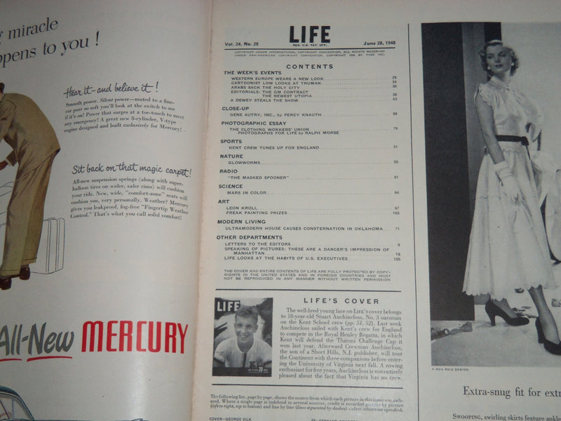 1948 JUNE 28 LIFE MAGAZINE - MEMBER OF KENT SCHOOL CREW - L 607