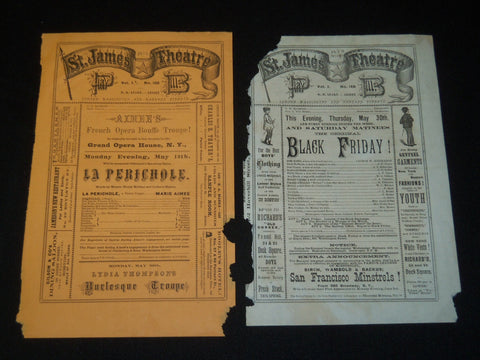 1872 ST. JAMES THEATRE HANDBILLS LOT OF 2 - BLACK FRIDAY - J 5391