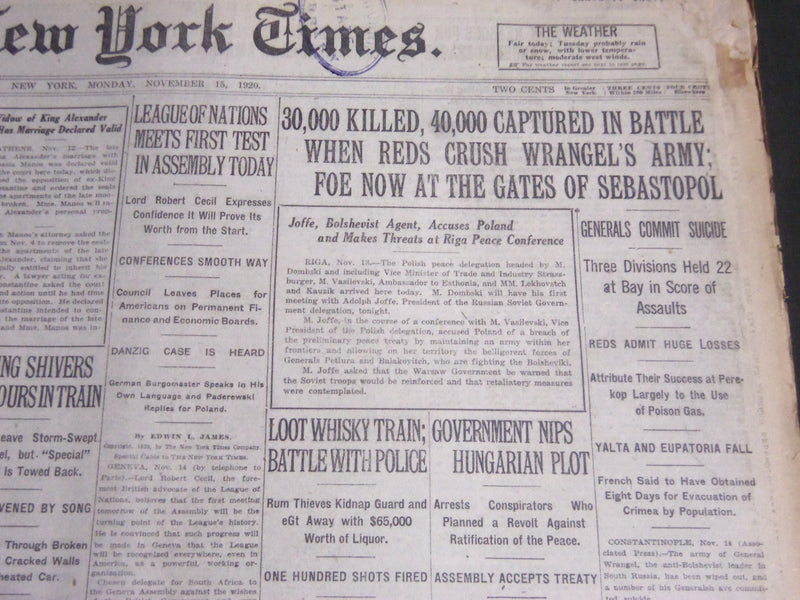 1920 NOVEMBER 15 NEW YORK TIMES - 30,000 KILLED AS REDS CRUSH ARMY - NT 6782