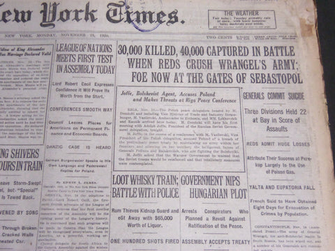 1920 NOVEMBER 15 NEW YORK TIMES - 30,000 KILLED AS REDS CRUSH ARMY - NT 6782