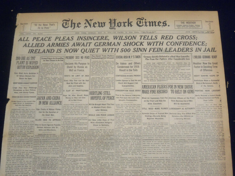 1918 MAY 19 NEW YORK TIMES-PEACE PLANS INSINCERE, WILSON TELLS RED CROSS-NT 8195