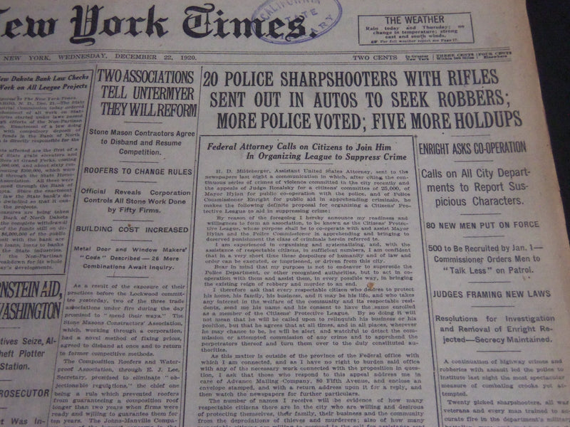 1920 DECEMBER 22 NEW YORK TIMES - 20 POLICE SHARPSHOOTERS IN AUTOS - NT 6740