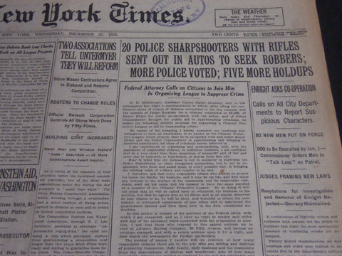1920 DECEMBER 22 NEW YORK TIMES - 20 POLICE SHARPSHOOTERS IN AUTOS - NT 6740