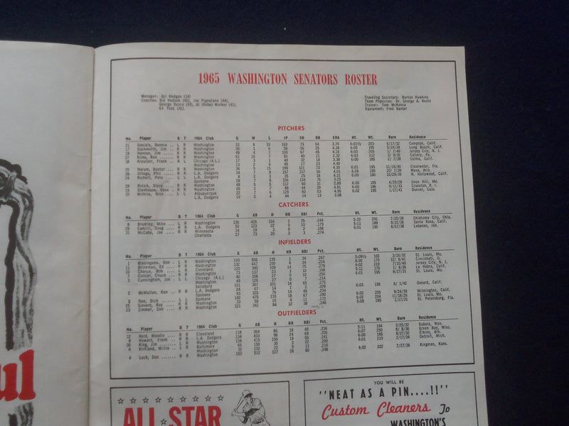 1965 WASHINGTON SENATORS VS. NEW YORK YANKEES SCORECARD - J 8398