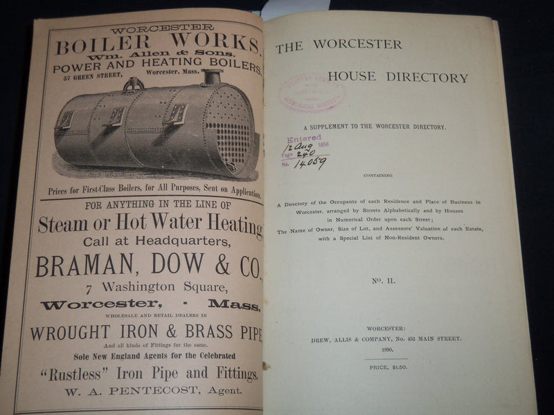 1890 WORCESTER DIRECTORY BY HENRY J. HOWLAND - MAP - KD 81X