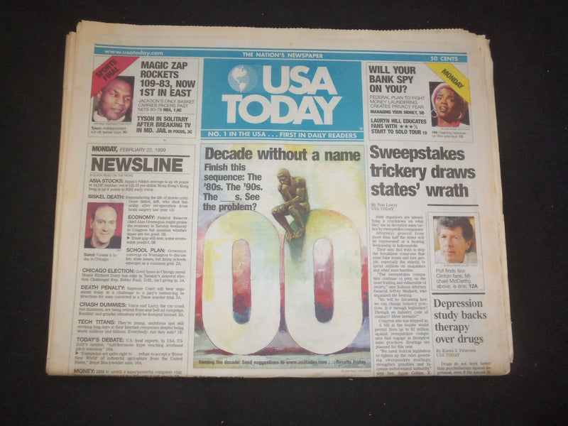 1999 FEBRUARY 22 USA TODAY NEWSPAPER - 2000'S: DECADE WITHOUT A NAME - NP 8004