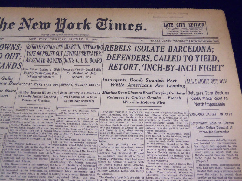 1939 JAN 26 NEW YORK TIMES - JOE LOUIS WINS - LOU GEHRIG SIGNS - REBELS - NT 501